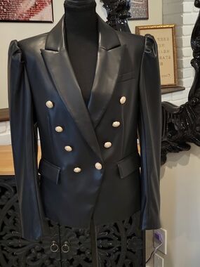 Generation Love Black Faux Leather Double-Breasted Blazer with Gold Buttons